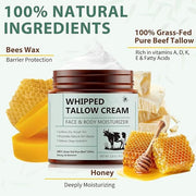 Beef Tallow for Skin, Beef Tallow Moisturizer, 4.2 oz Organic Whipped Grass Fed Beef Tallow with Honey Cream for Face & Bo...