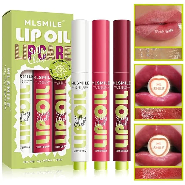 3 Colors Fat Lip Oil, Click Slick Moisturizing and Long-lasting Lip Balm, Non-stick and High Pigment Lip Glow Oil, Lightwe...