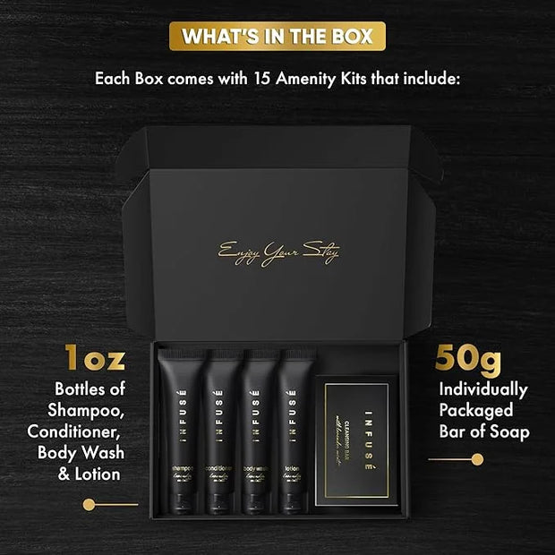 Infuse Black Amenity Kit | Boxed Hotel Toiletries | Bulk Set 1 oz Travel Size Shampoo, Conditioner, Lotion, Body Wash & Cl...