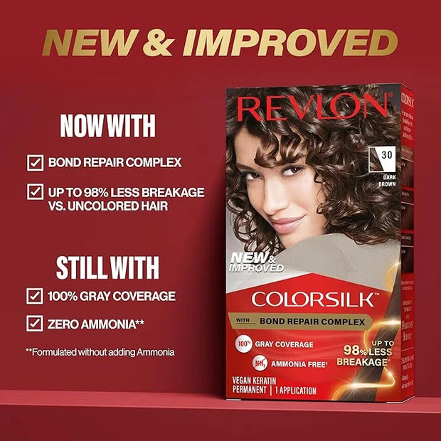 Revlon ColorSilk with Bond Repair Complex, Auburn Permanent Hair Color, 100% Gray Coverage, Ammonia Free Hair Dye, Vegan K...