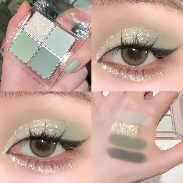 Matte Light Green Glitter Eye Shadow Makeup Palette 4 Colors, Highly Pigmented Mint And Seafoam Green Waterproof Eyeshadow...