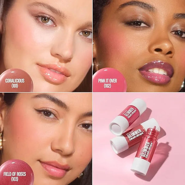 Revlon Glimmer Blush Drops, Liquid Blush for Cheeks, Liquid to Velvety Powder Finish, Glowy, High Pigment, 101 Coralicious...
