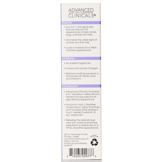 Advanced Clinicals 5-in-1 Eye Serum | Multi-Benefit Visible Anti Aging Under Eye Serum Face Moisturizer Reduces Appearance...