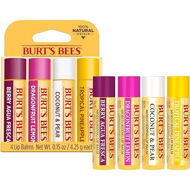 Burt's Bees Lip Balm - Berry Agua Fresca, Dragonfruit Lemon, Coconut & Pear, Tropical Pineapple Pack, With Beeswax, Tint-F...