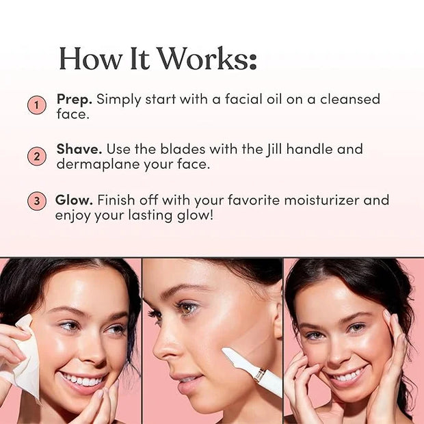 Jill Dermaplane Razor Trial Kit | Facial Hair Removal Dermaplaning Kit Includes 1 Shave Wand, 2 Dermaplane Razors & Cleani...