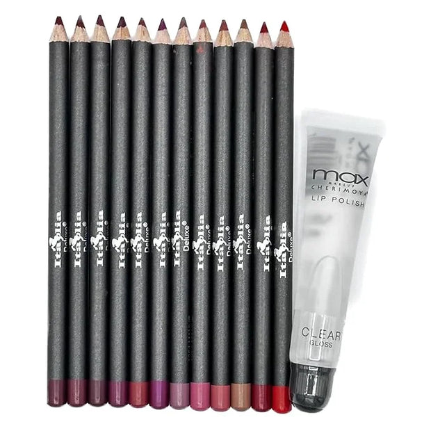 Italia Deluxe Lip Liner Ultra Fine Long-Lasting Pack of 12 and Max Makeup Cherimoya Ultra Fresh Clean Clear Lipgloss Set V...