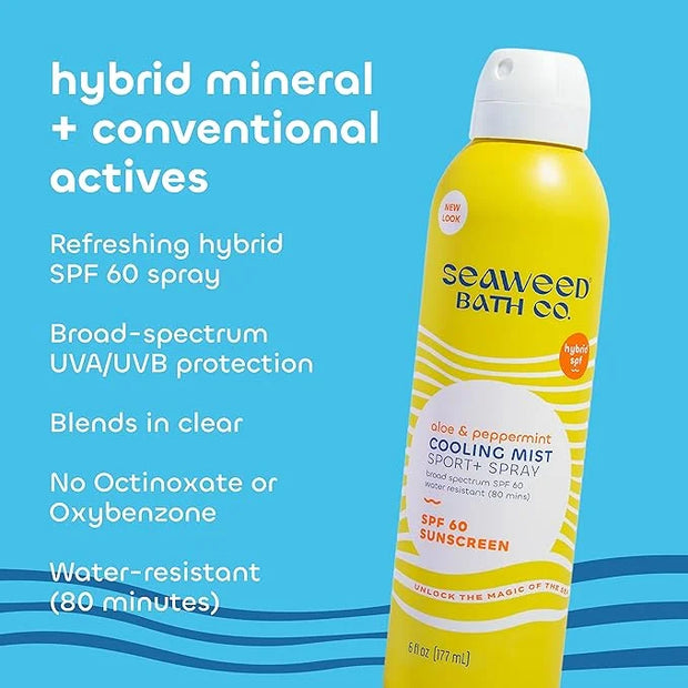 Seaweed Bath Co. Cooling Mist SPF 60 Sport Broad Spectrum Hybrid Sunscreen Spray, 6 Ounce, Sustainably Harvested Seaweed, ...