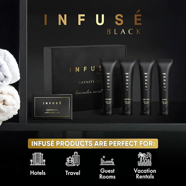 Infuse Black Amenity Kit | Hotel Bulk Toiletries | 1 oz Shampoo, Conditioner, Lotion, Body Wash, Cleansing Bar Soap for Gu...