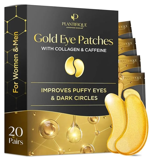 PLANTIFIQUE Gold Under Eye Patches for Puffy Eyes and Dark Circles 20+5 Pairs Under Eye Masks for Dark Circles and Puffine...