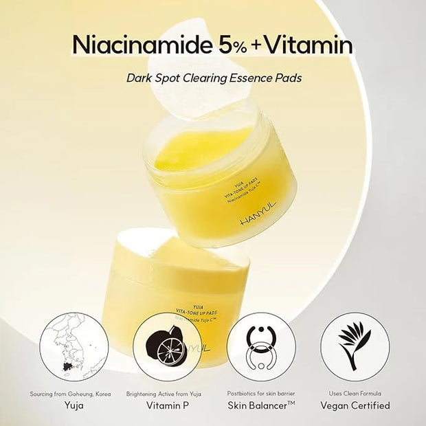 HANYUL Yuja (Yuzu) Vita Tone Up Apple Zone Toner Pads | 2 in 1 Daily Skin Brightening with Vitamin C, Patch for Under Eye,...