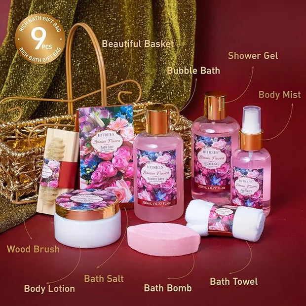 Spa Gift Basket for Women, ROSE & JASMINE Friendship Gifts Women, Tote Bag, Shower Gel, Hand & Body Cream, Hitrees Bath Gi...
