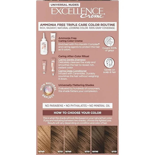 L’Oreal Paris Excellence Universal Nudes Permanent Hair Color, Ammonia Free Hair Dye for Gray Hair Coverage, 6N Natural Li...