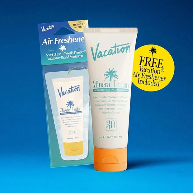 Vacation Mineral Lotion Sunscreen SPF 30 + Air Freshener Bundle, Premium Zinc Sunscreen For Sensitive Skin, Hydrating + Li...