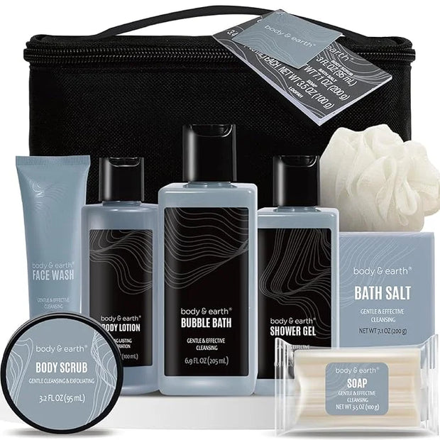 Gift Baskets for Men Body Wash Set Body & Earth Leathers Mens Bath Set with Body Lotion, Face Wash, Shower Gel, Bubble Bat...
