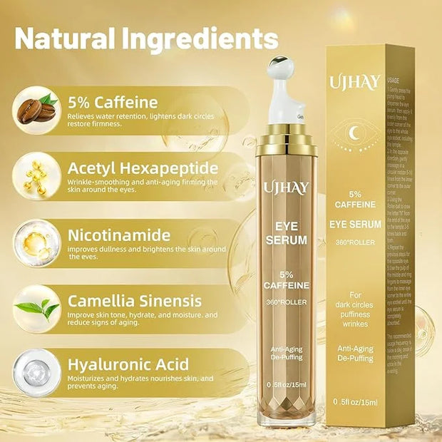 5% Caffeine Eye Cream, Under Eye Serum for Dark Circles, Puffiness & Wrinkles Fine Lines, Eye Roller Serum with 360° Massa...