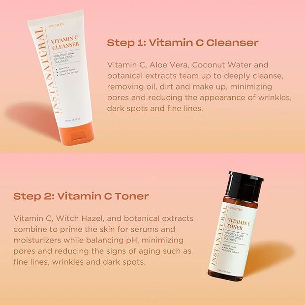 InstaNatural Vitamin C Four Step Skin Care Set, Skincare Routine, Brightens, Hydrates, Prevents Signs of Aging, Face Wash,...