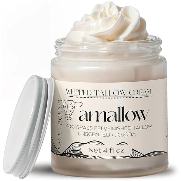 100% Grass Fed Beef Tallow for Skin Care - Face + Body - Whipped Moisturizer for Sensitive Skin - Natural Lotion, 4 FL. oz...