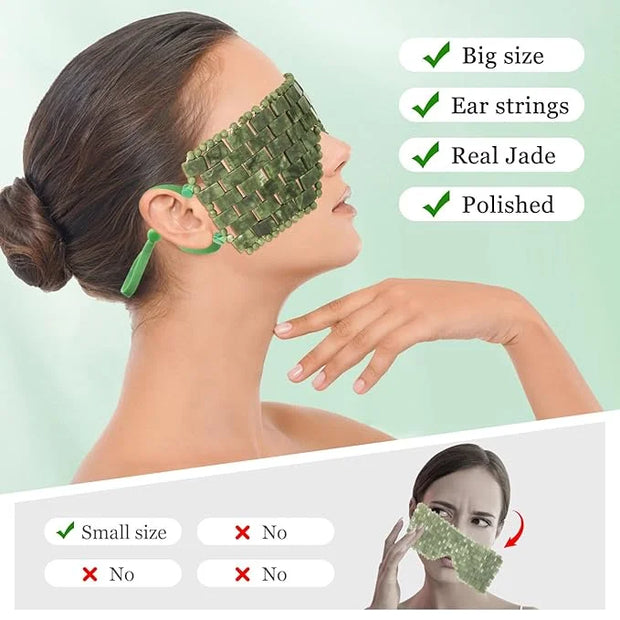 Jade Eye Mask,Large Facial Cooling Mask with Green Ear Strings 100% Real Jade for Hot & Cold Therapy,Green Jade Facial Eye...