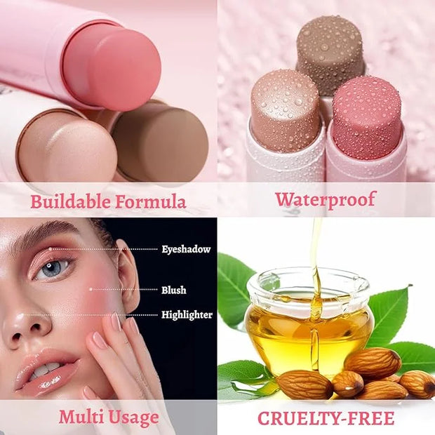 Face Stick Trio 3Pcs Multi Makeup Blush Highlighter Contour Sticks, Buildable Blendable Lightweight Cream Blush Stick for ...