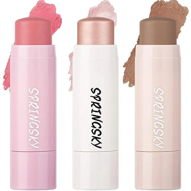 Face Stick Trio 3Pcs Multi Makeup Blush Highlighter Contour Sticks, Buildable Blendable Lightweight Cream Blush Stick for ...