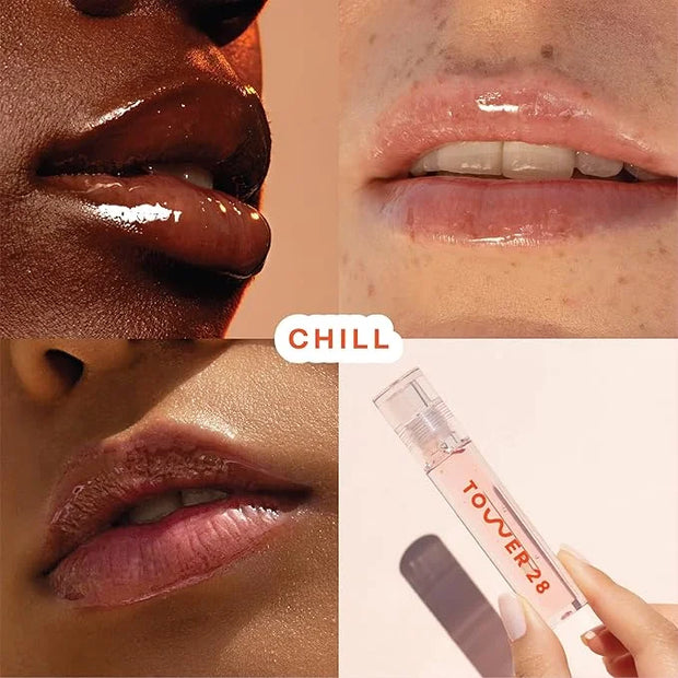 Tower 28 ShineOn Lip Jelly, CHILL, Non-Sticky, Hydrating Vegan Lip Gloss in Clear, Moisturizing Apricot and Raspberry Seed...