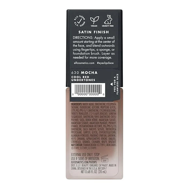 e.l.f. Flawless Satin Foundation, Lightweight & Medium Coverage, Semi-Matte Finish, Vegan & Cruelty-Free, Mocha, 0.68 Fl O...