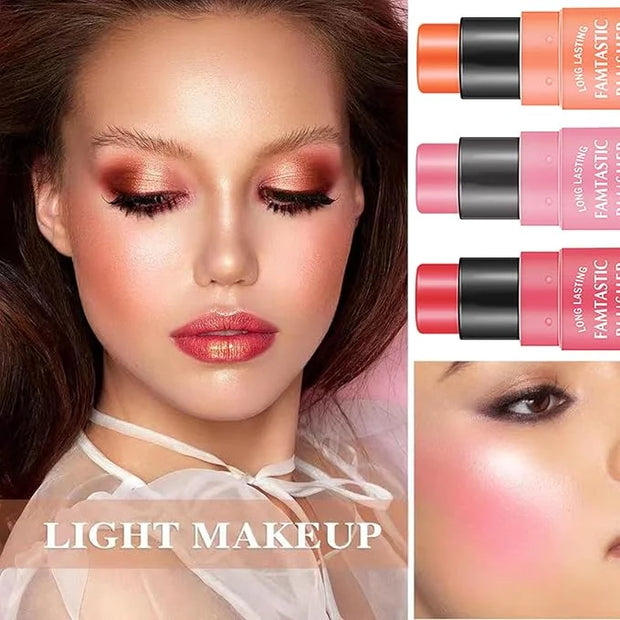 3 Pcs Cream Blush Stick with Brush,Waterproof Multi Cream Makeup Stick,Lightweight,Long-lasting,2 in 1 Multi Blush for Che...
