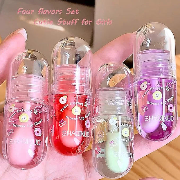 4 Pcs Lip Gloss Oil Set, Fruit Flavored Lip Gloss Set Cute Lip Jelly Hydrating Lip Make-Up for Kids and Teens, Kid Friendl...