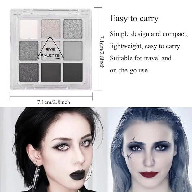 Black Smokey Eyeshadow Palette, 9 Colors Black Silver Gray White Goth Eyeshadow Makeup Palette, Waterproof Cool Toned Matt...