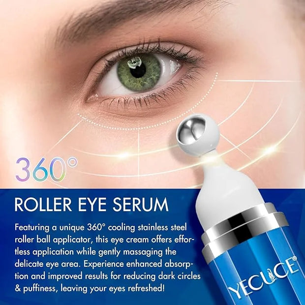 5% Caffeine Eye Serum, Under Eye Roller Cream for Dark Circles, Puffiness, Bags Under Eyes - 360° Massage Ball Cream for W...