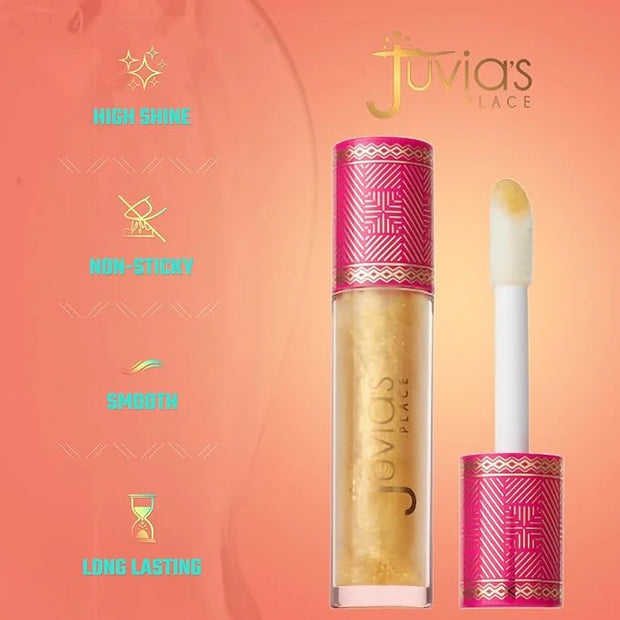 Juvia's Place Lip Gloss Glass It's Electric - Gold Shimmer,16 oz, Clear, Plump, Long Lasting Non-Sticky Luscious High Shin...
