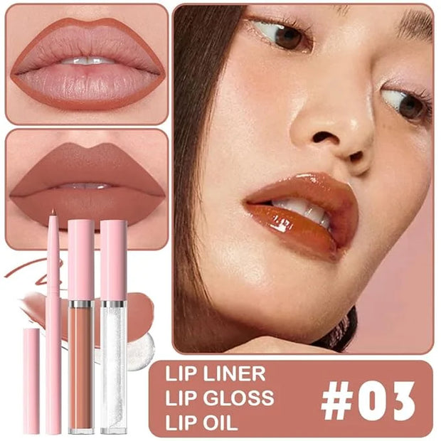 3-in-1Beige Nude Matte Lip Stain Kit | Waterproof Lip Liner + Hydrating Matte Lip Gloss + Nourishing Lip Oil | Long Lastin...