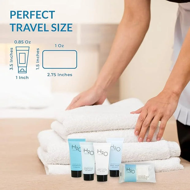 H2O Therapy Hotel Soaps & Toiletries Bulk Set | 1-Shoppe Amenities Kit | 0.85oz Shampoo & Conditioner, Body Wash, Lotion, ...