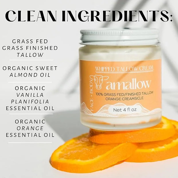 100% Grass Fed Beef Tallow for Skin Care - Face + Body - Whipped Moisturizer - Natural Lotion, 4 FL. oz. (Orange Creamsicl...