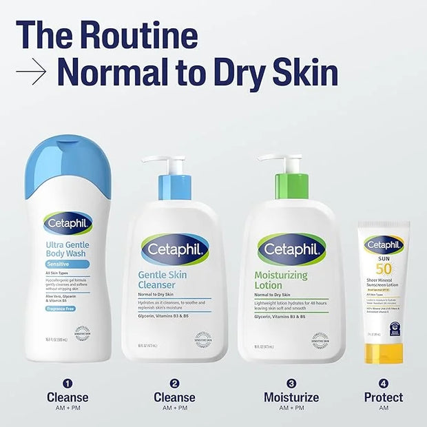Cetaphil Hydrating Moisturizing Lotion for Normal to Dry, Sensitive Skin, 16 oz + Travel Size Gentle Skin Cleanser 2 oz - ...