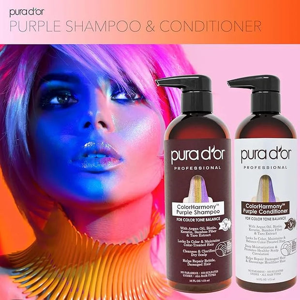 PURA D'OR Purple Shampoo & Conditioner (16oz x 2) ColorHarmony Biotin Set For Bleached, Blonde, Silver & Color Treated Hai...