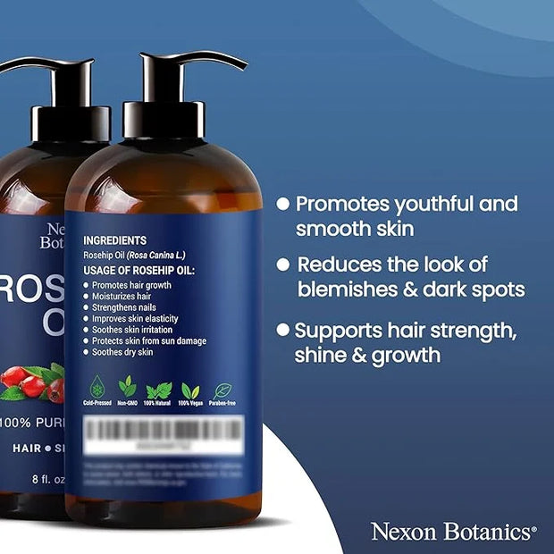 Rosehip Oil for Face 8 fl oz - Rosehip Seed Oil for Gua Sha, Massage, and Skin Care - Aceite de Rosa Mosqueta - Nexon Bota...