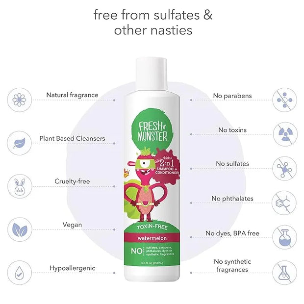 Fresh Monster 2-in-1 Kids Shampoo & Conditioner, Toxin-Free, Hypoallergenic, Tear-free Shampoo & Conditioner for Kids, Wat...