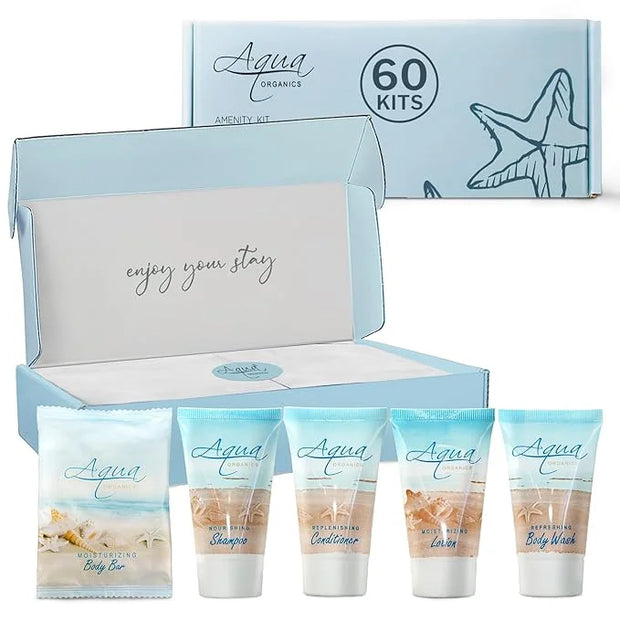 Aqua Organics Amenity Kit | Boxed Hotel Toiletries Bulk Set | 1 oz Shampoo, Conditioner, Lotion, Body Wash & Bar Soap | 30...